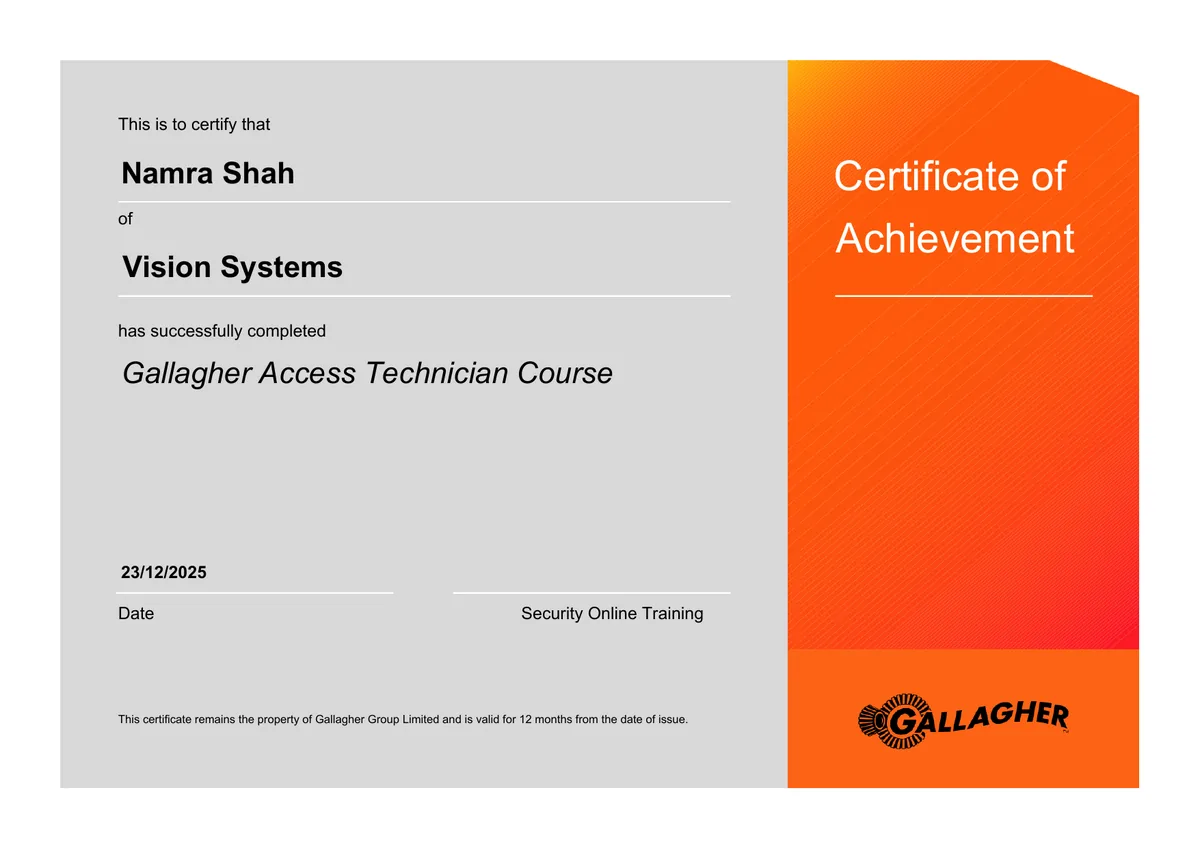 Gallagher Certificate of Achievement awarded to Namra Shah for the Gallagher Access Technician Course, dated 23 December 2025